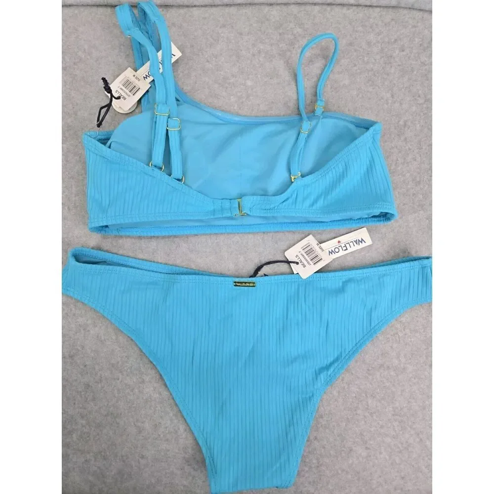 WallFlower Blue Ribbed Bikini Top‎ and Cheeky Bottoms Set UPF 50+, Womens size M - Picture 6 of 8